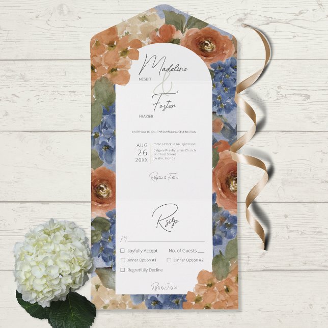 Rustic Blue & Burnt Orange Rust Floral Dinner All In One Invitation (Creator Uploaded)