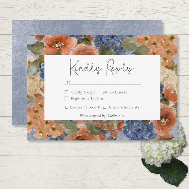 Rustic Blue & Burnt Orange Rust Floral Monogram RSVP Card (Creator Uploaded)