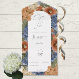 Rustic Blue & Burnt Orange Rust Floral No Dinner All In One Invitation