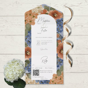 Rustic Blue & Burnt Orange Rust Floral QR Code All In One Invitation