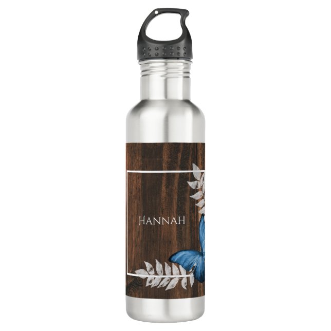 Rustic Blue Butterfly Personalized 710 Ml Water Bottle (Front)