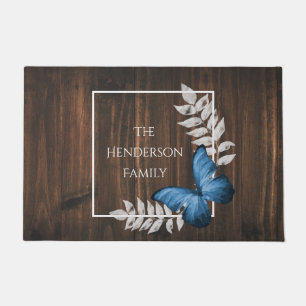 Rustic Blue Butterfly Personalized Doormat