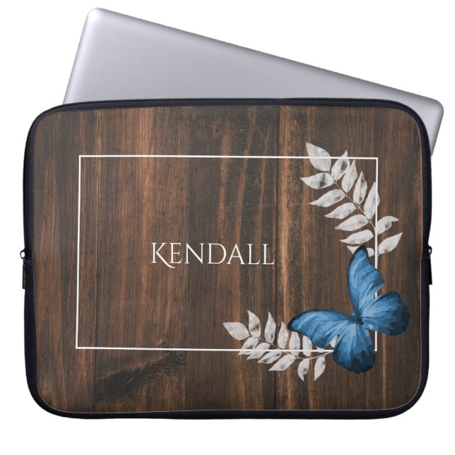 Rustic Blue Butterfly Personalized Laptop Sleeve (Front)