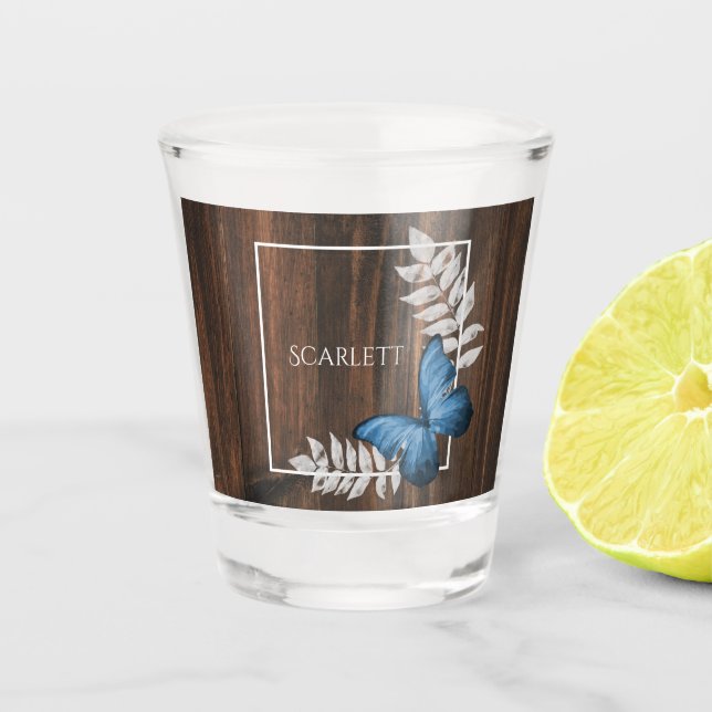 Rustic Blue Butterfly Personalized Shot Glass (Front)