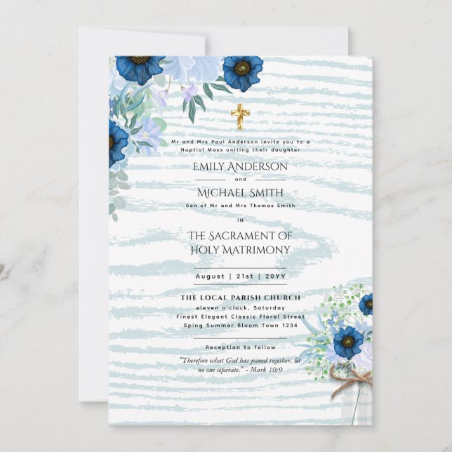 Rustic Blue  Catholic Nuptial Mass Wedding Invitation (Front)