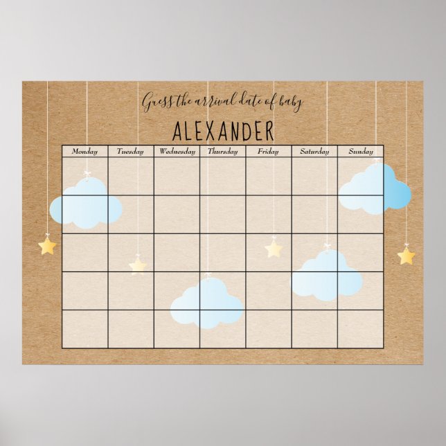 Rustic Blue Clouds Gold Stars Guess The Due Date Poster (Front)