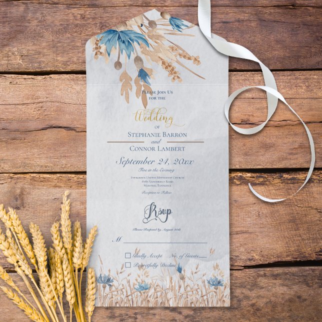 Rustic Blue Cornflowers & Wheat Blue No Dinner All In One Invitation (Also available with a QR code.)