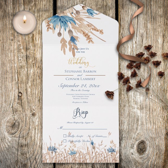 Rustic Blue Cornflowers & Wheat White No Dinner All In One Invitation (Also available with a QR code.)