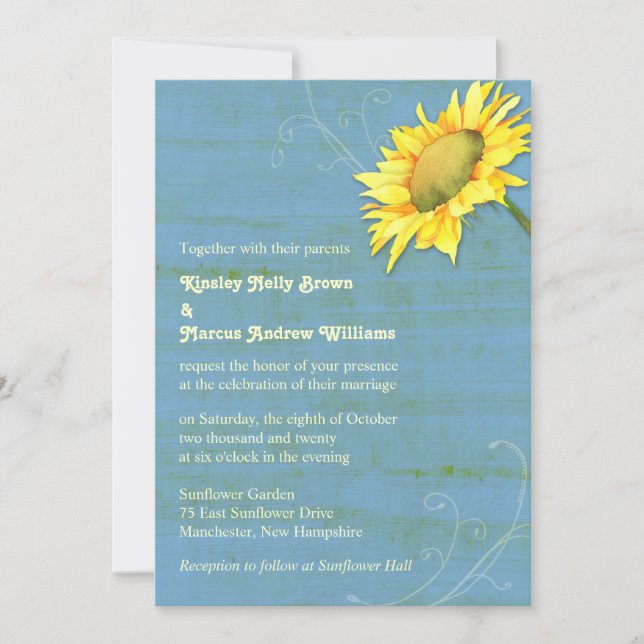 Rustic Blue Country Sunflower Wedding Invitation (Front)
