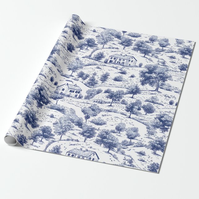 Rustic Blue Countryside Toile Pattern Wrapping Paper (Unrolled)
