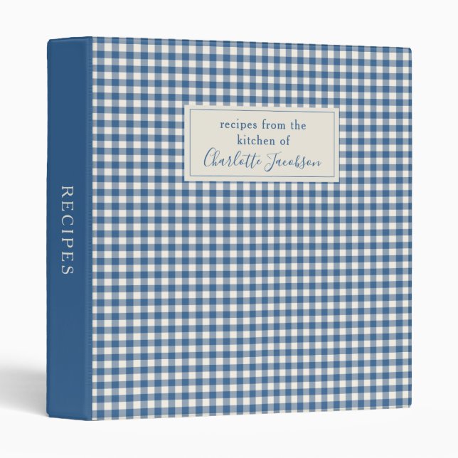 Rustic Blue Custom Gingham Plaid Monogram Recipe Binder (Front/Spine)