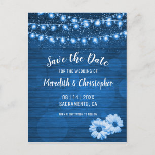 Rustic Blue Daisy String Lights Save the Date Announcement Postcard