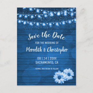 Rustic Blue  Daisy String Lights Save the Date Announcement Postcard