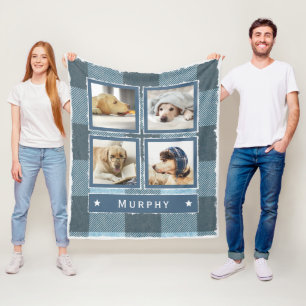Rustic Blue Denim  Buffalo Plaid 4 Photo Dog Med Fleece Blanket