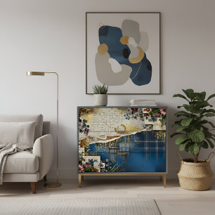 Rustic Blue Denim Ephemera Floral Decoupage Print Tissue Paper