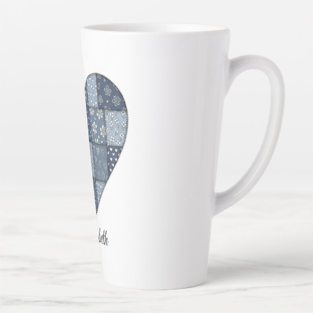 Rustic Blue Denim Patchwork Heart Illustration Latte Mug (Right)