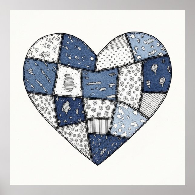 Rustic Blue Denim Patchwork Heart Illustration Poster (Front)
