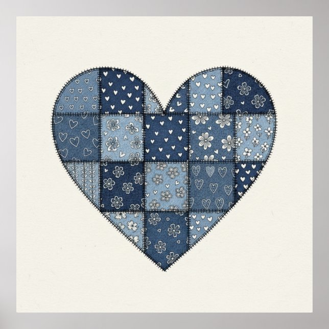 Rustic Blue Denim Patchwork Heart Illustration Poster (Front)