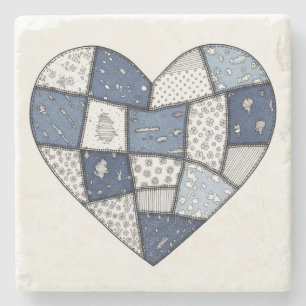 Rustic Blue Denim Patchwork Heart Illustration Stone Coaster