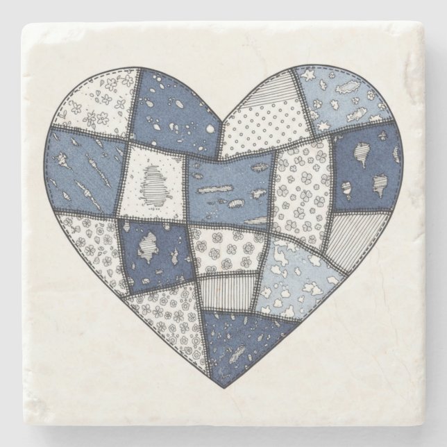 Rustic Blue Denim Patchwork Heart Illustration Stone Coaster (Front)