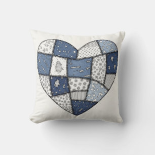 Rustic Blue Denim Patchwork Heart Illustration Throw Pillow