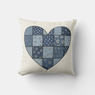 Rustic Blue Denim Patchwork Heart Illustration Throw Pillow