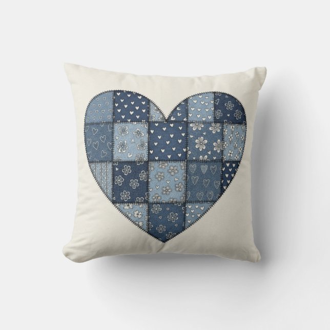 Rustic Blue Denim Patchwork Heart Illustration Throw Pillow (Front)