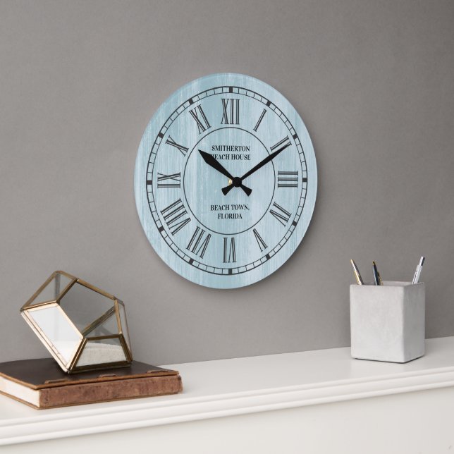 Rustic Blue Distressed Wood Roman Numerals Beach Large Clock (Office)