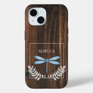 Rustic Blue Dragonfly Personalized iPhone 15 Case