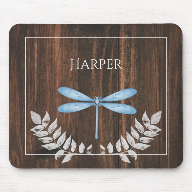 Rustic Blue Dragonfly Personalized Mouse Pad (Front)