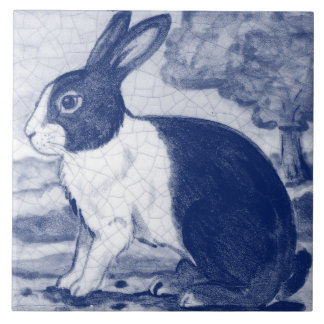 Rustic Blue Dutch Bunny Rabbit Delft Faces Left Tile