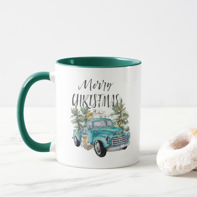 Rustic Blue Farmhouse Truck Christmas Mug (With Donut)