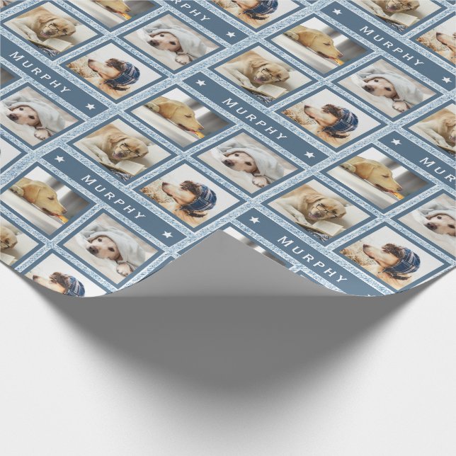 Rustic Blue Faux Denim 4 Photo Dog Pet Add Name Wrapping Paper (Corner)