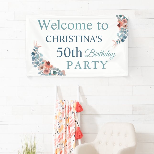 Rustic Blue Floral 50th Birthday Party Welcome Banner (Insitu)