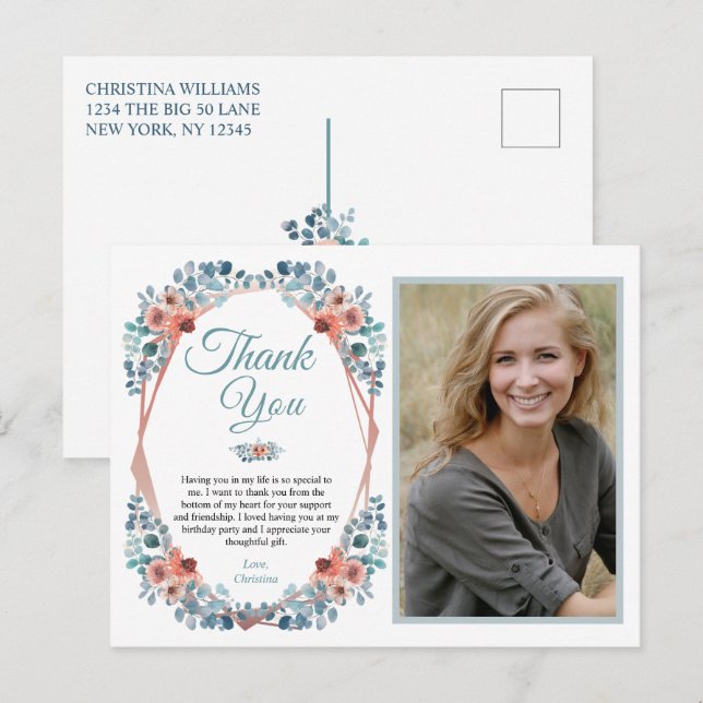 Rustic Blue Floral 50th Birthday Thank You Photo Postcard (Front/Back)