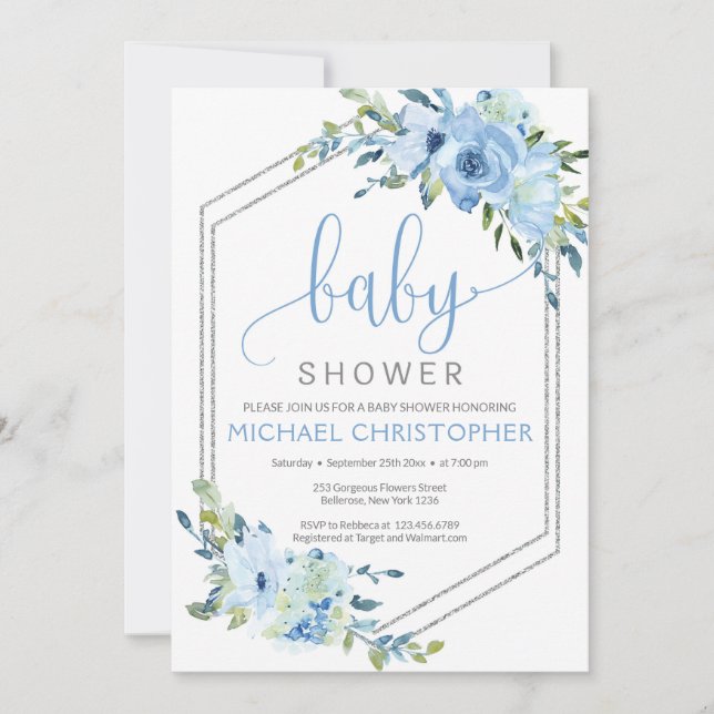 Rustic Blue Floral Boy Baby Shower Invitation (Front)