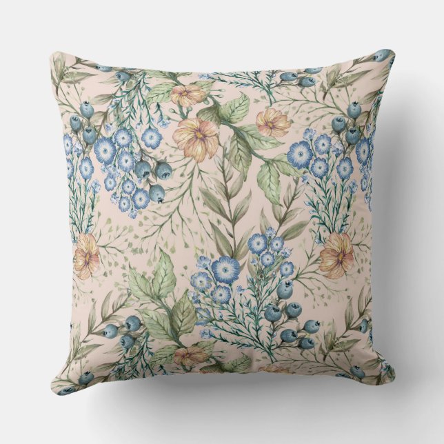 Rustic Blue Floral Farmhouse Throw Pillow (Back)