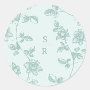 Rustic Blue Floral Monogram Wedding Classic Round Sticker