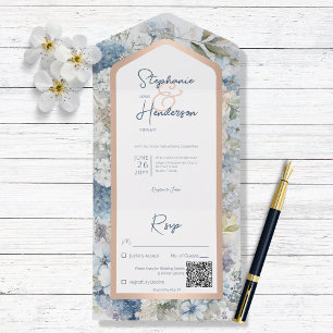 Rustic Blue Floral & Rose Gold QR Code All In One Invitation