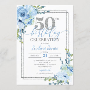 Rustic blue floral silver frame 50th birthday invitation