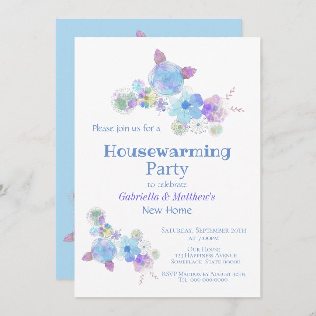 Rustic Blue Floral Watercolor Housewarming Party Invitation (Front/Back)