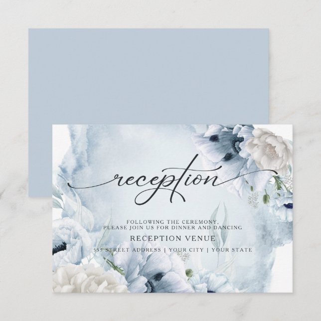 Rustic Blue Floral Watercolor Reception Invitation (Front/Back)