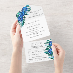 Rustic Blue Floral Watercolor Wedding   All In One Invitation