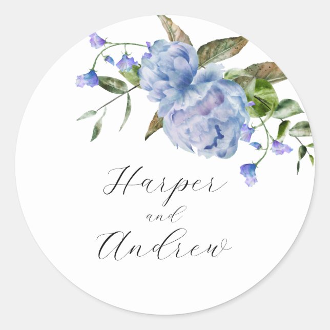 Rustic Blue Floral Wedding Favour   Classic Round Sticker (Front)