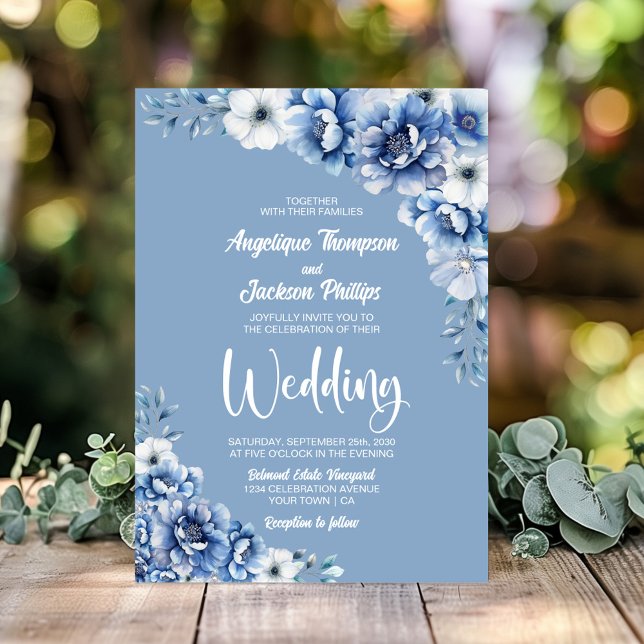Rustic Blue Floral Wedding Invitation (Creator Uploaded)