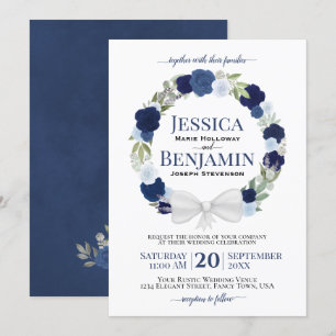 Rustic Blue Floral Wreath Elegant Boho Wedding Invitation