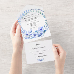 Rustic Blue Flowers and Berries Wedding All In One Invitation