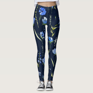 Rustic Blue Flowers: Botanical Illustration. Leggings