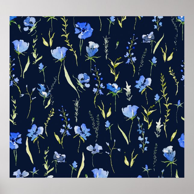 Rustic Blue Flowers: Botanical Illustration. Poster (Front)
