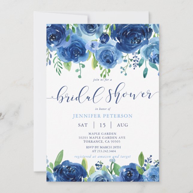 Rustic Blue Flowers Bridal Shower Invitation (Front)